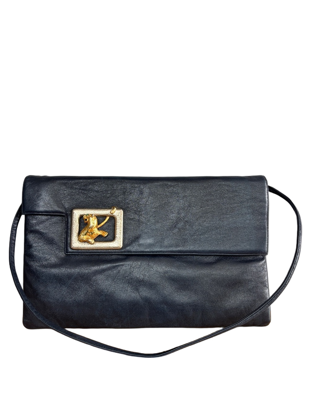 Vintage Rosenfeld Navy Blue Jaguar Medallion Shoulder Bag Foldover Purse